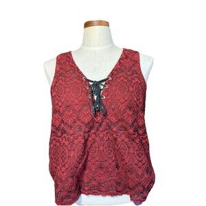 Buckle Red Boho Lace Tanktop Shoelace V-Neck Whimsigoth GUC Large Cropped Baddie